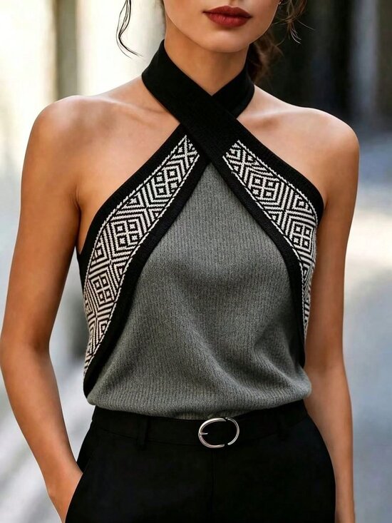 Tops - Multicolor Casual Women's Geometric Pattern Halter Neck Knit Top